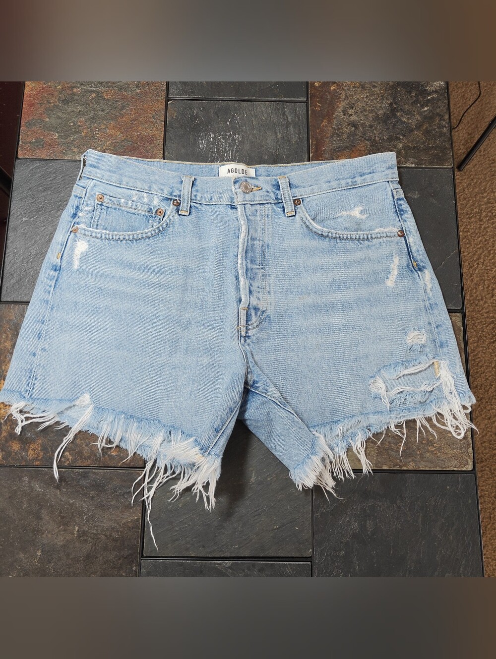 AGOLDE Parker High Rise Distressed Denim Shorts Light Wash Blue Size 29